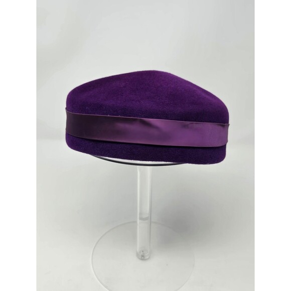 VINTAGE EVA MAE MODES PURPLE VELOUR PILLBOX HAT CAP MCM 50S RIBBON BOW WOMEN OS - Picture 4 of 10